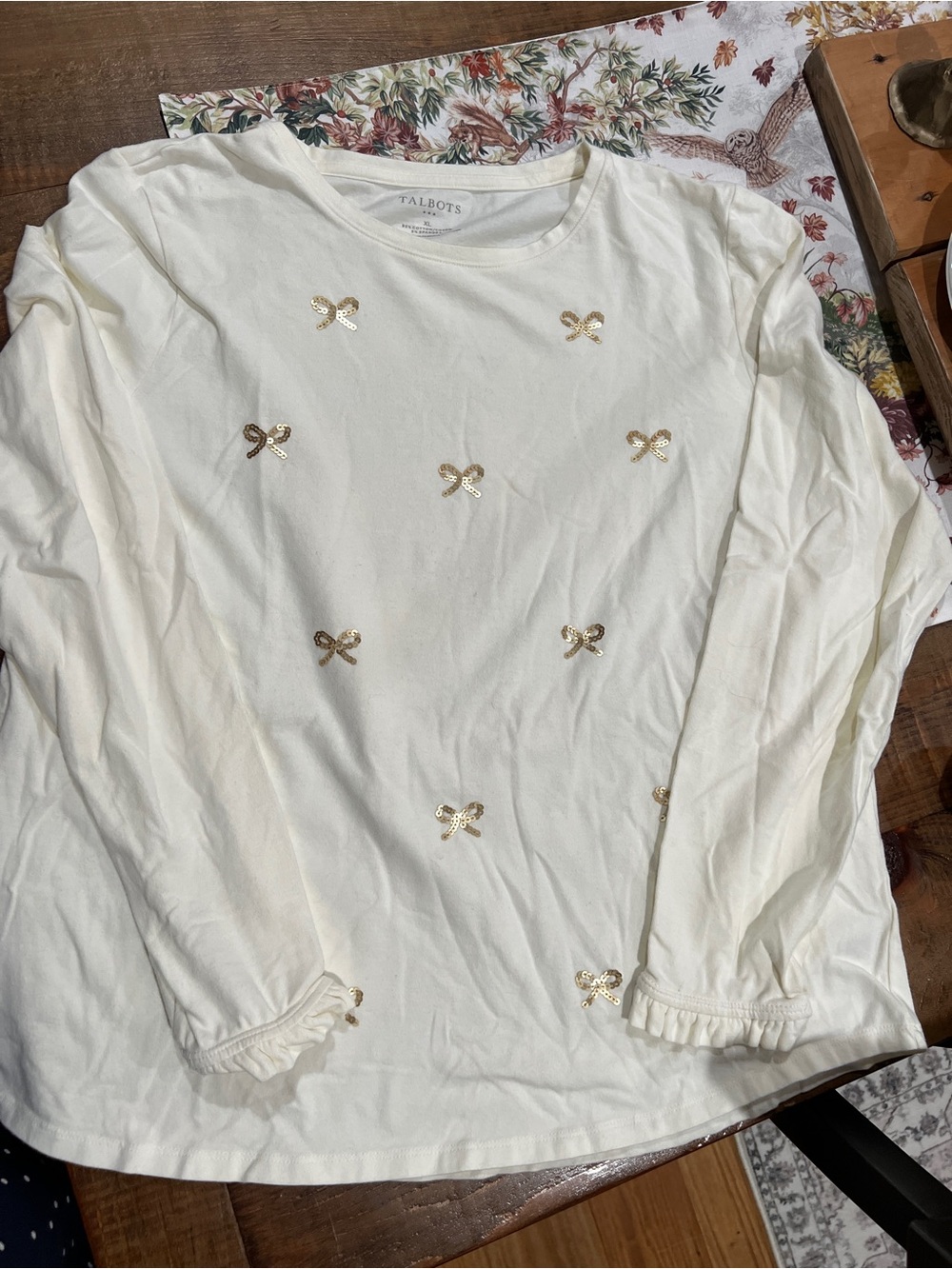 Talbots Cream Long-Sleeve Tee with Gold Bow Embellishments